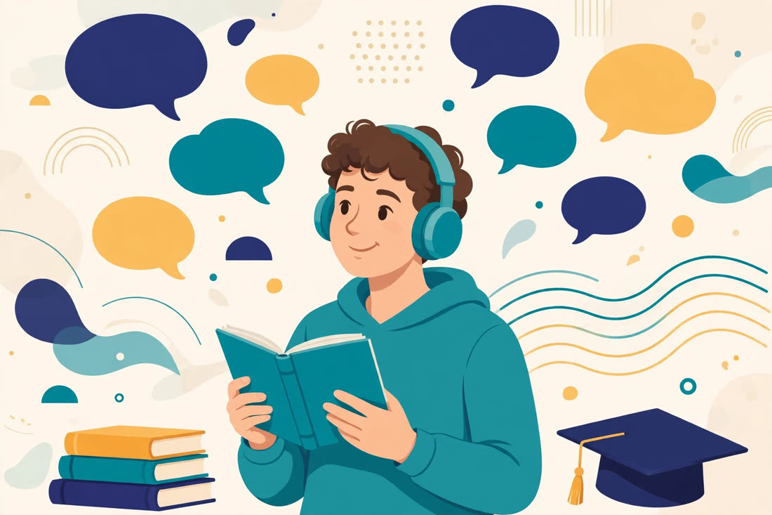 Illustration of a learner wearing headphones and reading English, surrounded by speech bubbles, books and a graduation cap