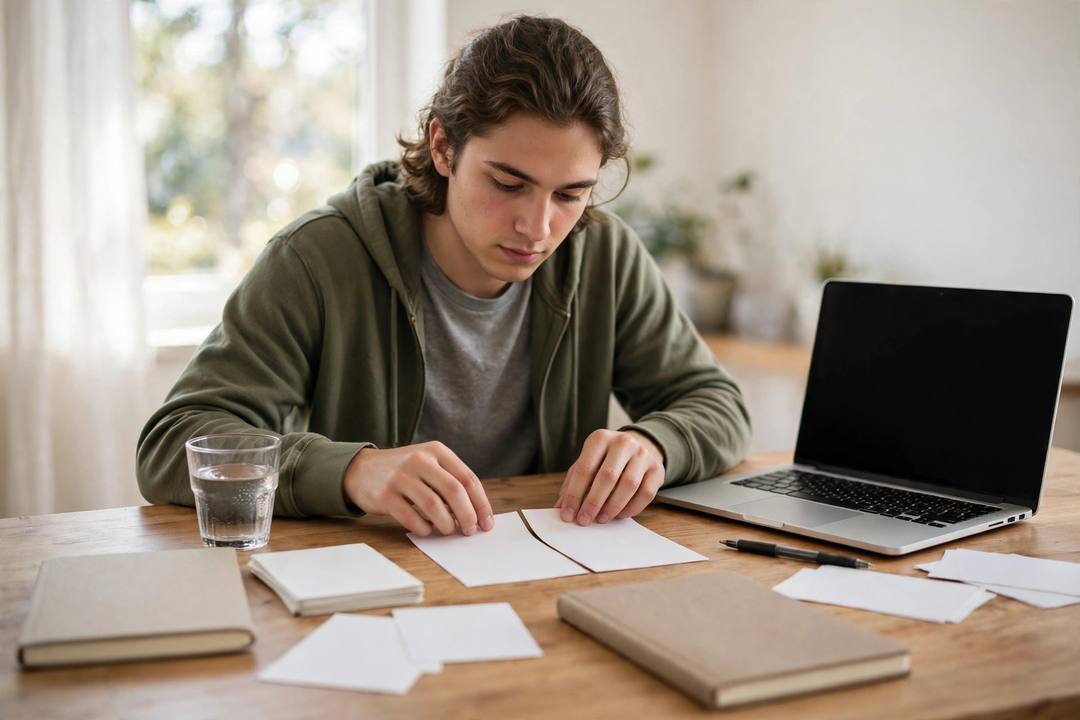 A student pairing word cards at a desk