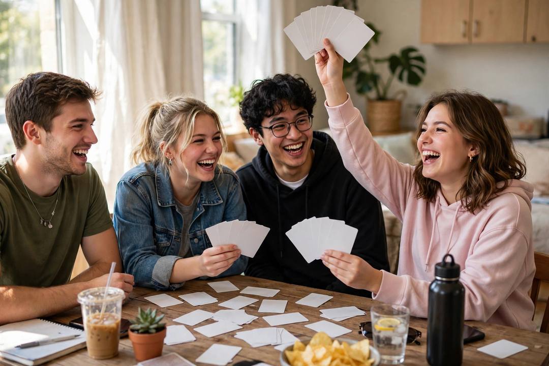Friends laughing while playing a word card game