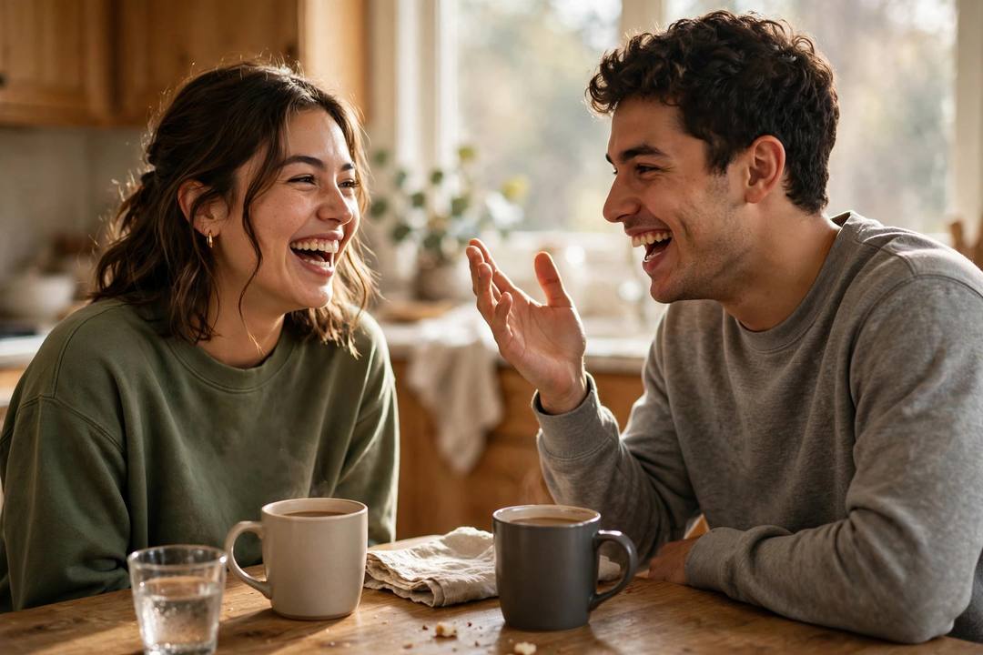 Two friends laughing together over coffee
