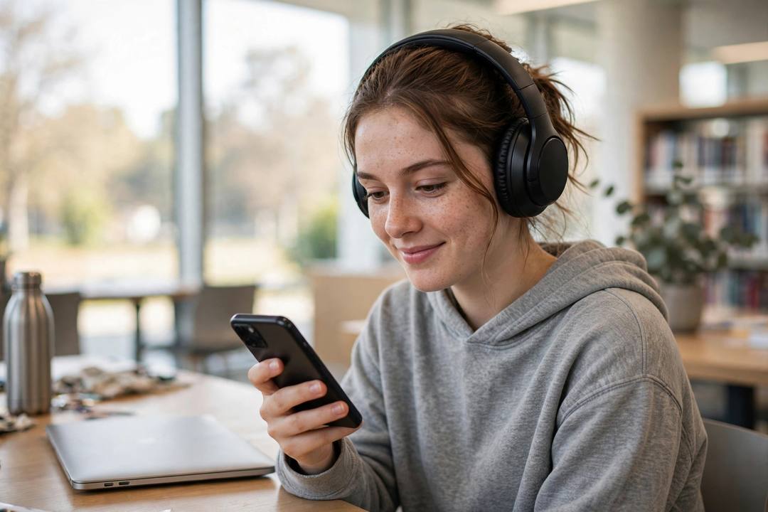 A student with headphones listening to English audio in a library