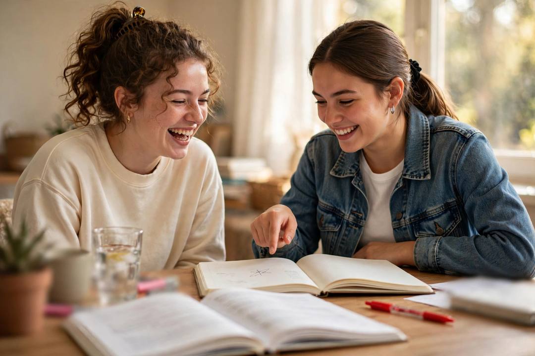 Two students laughing while fixing a mistake in an English notebook