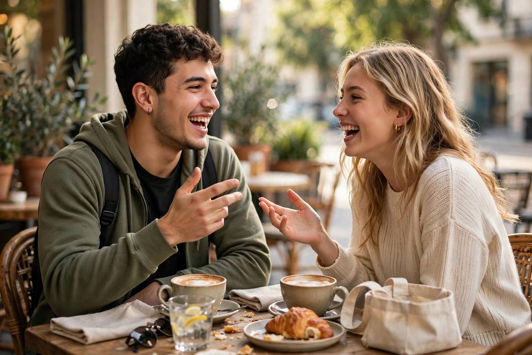 Two friends chatting naturally in English over coffee