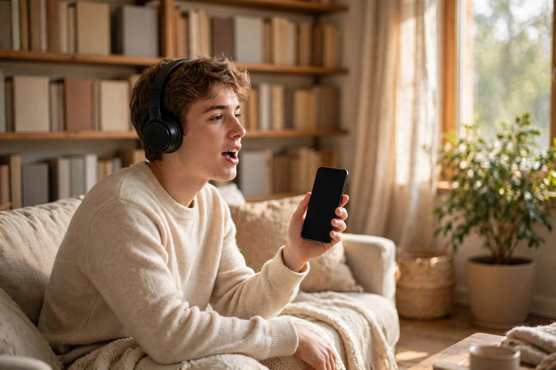 A student practicing English pronunciation with headphones
