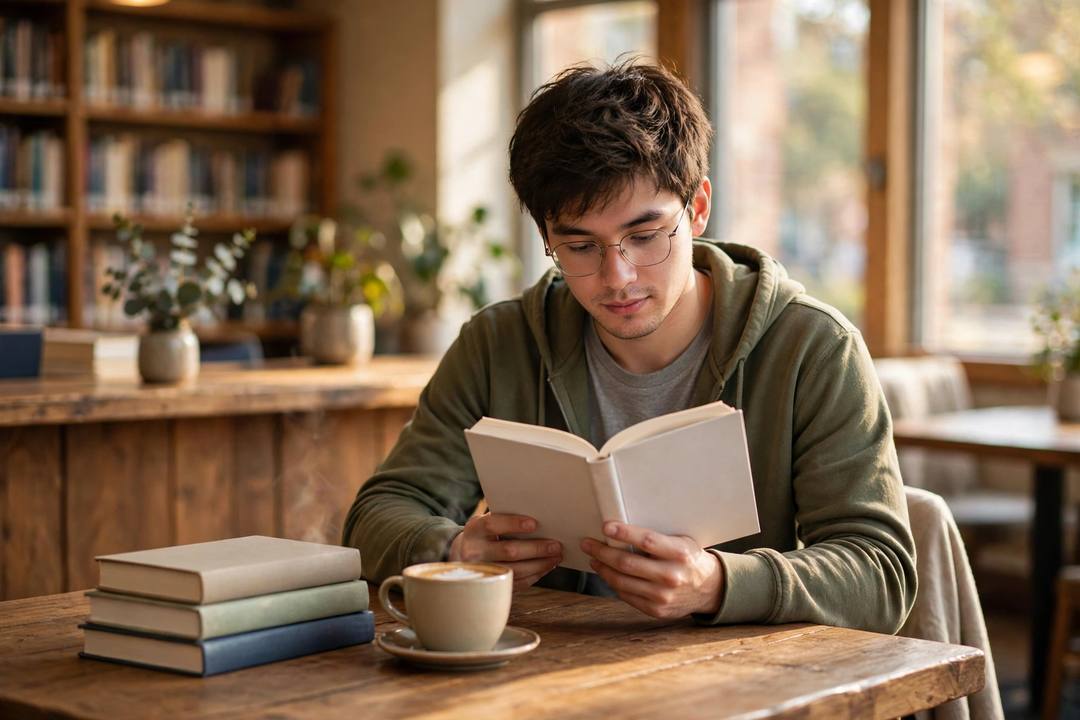 A student reading a book in a bright library