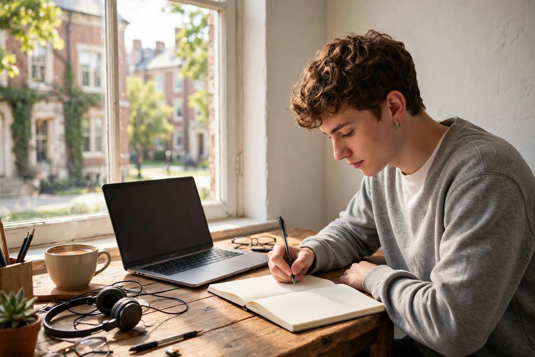 A student writing in a notebook at a desk by a window